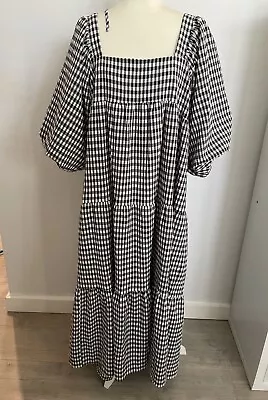 SNDYS Black & White Gingham Tiered Maxi Dress Sz 14 Balloon Sleeves Tie Back • $39.99