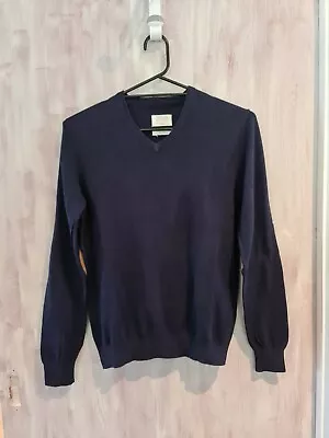 Mens Vanishing Elephant Cotton Jumper In Navy With Tan Suede Elbow Patches SMALL • $12