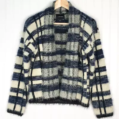 Anthropologie La Fee Verte Womens Cardigan Eyelash Plaid Sweater Blue Fuzzy S • $34.99