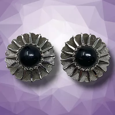 Vintage 1980's Sarah Coventry Silver Sunburst Earrings Clip On Runway Couture • $14.06