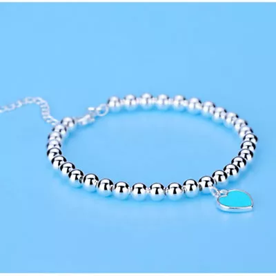 Pure 925 Sterling Silver Beads Link Chain Heart Tag Pendant Bracelet Jewelry • $9.99