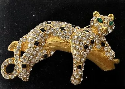 Gold Tone Black Rhinestone Green Eyed Cat Cougar Vintage Brooch Jewelry Lot Z • $4.83