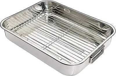 Stainless Steel Roasting Oven Pan Dish Meat Baking Roaster Tin Grill Rack Tray • £14.95