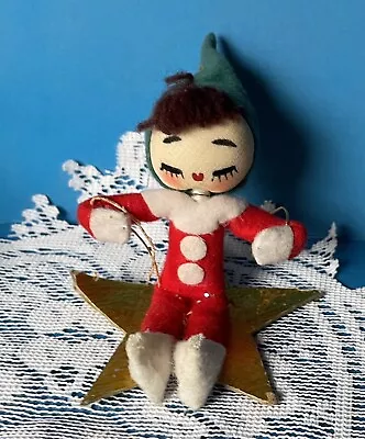 Vintage Felt Pixie Elf Sitting On Star Figure Christmas Ornament NEEDS TLC! • $7