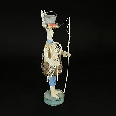 Vintage Folk Art Fly Fishing Rabbit Whimsical Candlestick Holder Sculpture • $27.95