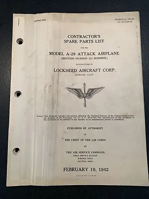 A-29 Hudson Spare Parts List Maintenance  WWII Flight Pilot Manual • $29.90
