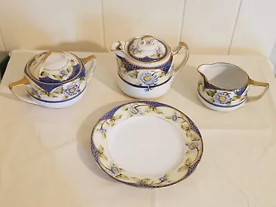 Vintage Noritake Blue/Gold And Floral Hand Painted Tea Set Creamer/Sugar Plate • $60