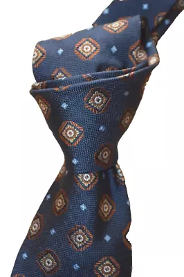 $235 NWT ISAIA Navy W/copper Medallions Men's 7 Fold 3.5  Woven Silk Tie Italy • $135