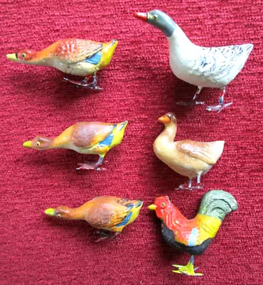 Antique GERMAN Putz FARM Birds FIGURINES Metal Feet DUCKS Rooster GOOSE Lot Of 6 • $49.99