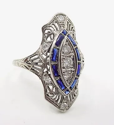 Classic Art Deco Sapphire Diamond Sheld 18K White Gold Cocktail Dinner Ring • $1155