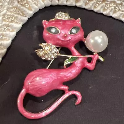 Vintage Estate Cat Kitty Brooch Pin Rhinestone 50's Enamel Pink Mcm • $0.99