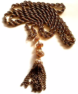 Monet Giant 2 Tone Vintage Necklace Open Bead Tassel Rope Chain 62  • $69.95