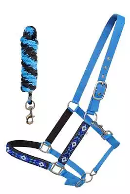 Nylon Horse Beaded Halter Nickle Plated Hardware W/ Lead Rope Tack Blue 606175 • $34.99