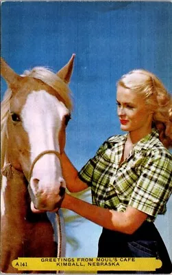 Kimball NE Moul's Cafe Woman Horse Greetings Nebraska Postcard PQ1 • $15.99