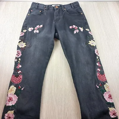 One Teaspoon Jeans Women's Size S Embroidered Mid Rise Black Pink Floral • $32.50
