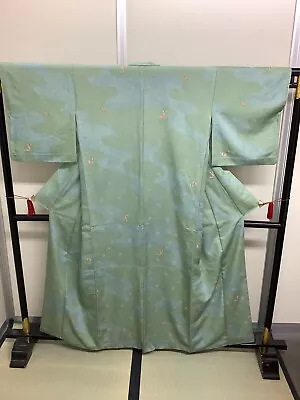 Japanese Vintage Kimono Silk Green Butterfly Tradition Expensive Height 64.56in • $59.90