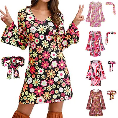 Women Hippie 60s 70s Floral Fancy Dress Disco Party Headband Outfit Clothes Set • £15.19