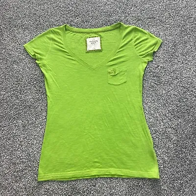 Abercrombie Fitch Shirt Women Medium Green Moose Logo V Neck Pocket Camp Ladies • $15.29