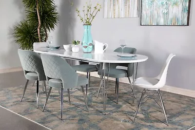 7 Pc Retro Modern Oval White Dining Table Grey Velvet White Chairs Furniture Set • $1299