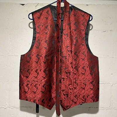 Q BRAND Formal Steampunk Red Paisley Brocade Vest Fabric Buttons Sz Large W/Tie • $29.99