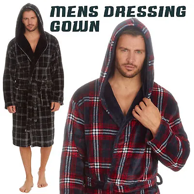 Mens Checked Dressing Gown Tartan Classic Hooded Flannel Fleece Size M L XL XXL • £14.94