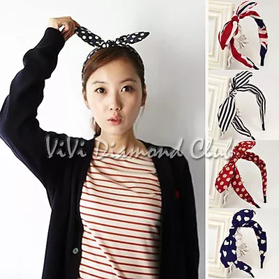 Fashion Korean Style Rabbit Bunny Ears Ribbon Scarf Hair Tie Wrap Bow Headband M • £3.88
