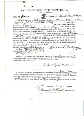 Civil War Enlistment Document William D Murrey 27th Iowa Infantry • $50