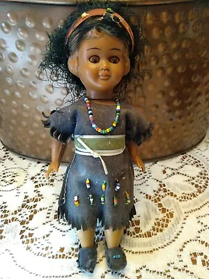 $14.10 • Buy Vintage Native American Indian Girl Doll Plastic Faux Leather Beaded Dress