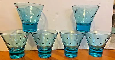 VTG SET OF 6 MCM HAZEL ATLAS Capri Dots Turquoise Blue Flared Bar Ware Glasses • $28.50