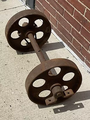 C.1900 Factory Cart Wheels W/ Axle & Mounting Brackets Salvaged Parts Restore • $178.20