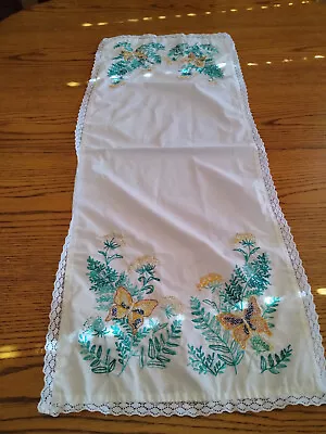 White Table Runner Floral And Butterfly Embroidery 34 X 13 Inches  With Lace  • $9.90