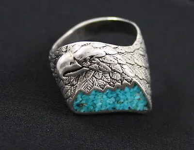 Vintage G&S '87 Eagle Head Biker Ring - Turquoise Inlay - Men's Size 13 • $39.97