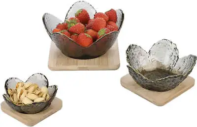 $22.99 • Buy 6-Piece Lotus Shaped Smokey Glass Condiment Serving Bowl Set With Bamboo Trays