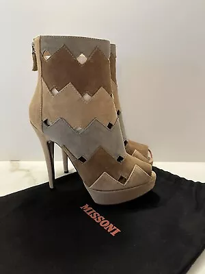 Missoni Suede Leather Booties Size 8 38 Nwot New Zigzag Tan Brown Grey Boots • $79.20