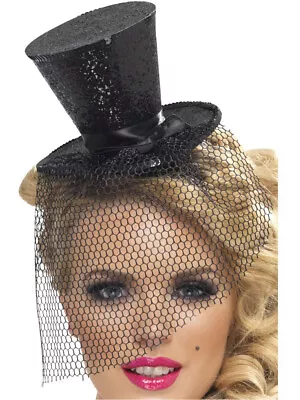 Womens Black Mini Top Hat With Detachable Black Veil Costume Accessory • $20.98