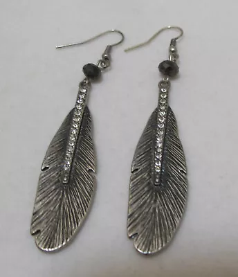 Vtg Silver Tone SW Style FEATHER Rhinestones Black Crystal Dangle Pierced Earrin • $9.98