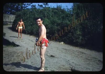 Military Men Swimsuits Beach 35mm Slide 1950s Red Border Kodachrome • $17.99