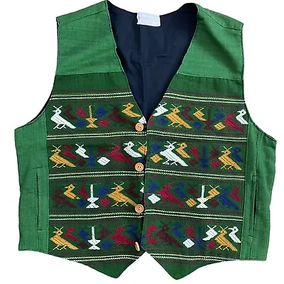 Nebaj Green Aztec Vest Tribal Embroidered Print Men's L Made In Guatemala • $50