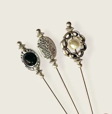 £9.99 • Buy 3 X Hat Pins Vintage Antique Silver Style 3 Inch Long Hat Pin & Protector**