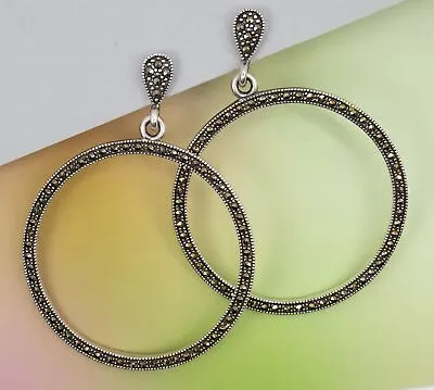 Marcasite Studded Circle Hoops Vintage Sterling Silver Earrings 7.4g • $27.95