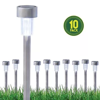 Pack 10 X Brushed Steel Solar Garden Bollard Lights | White • £18.95
