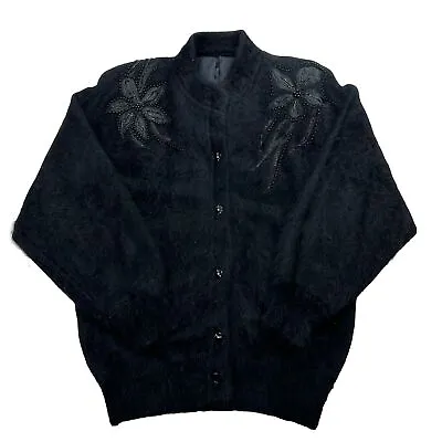 Vintage Angora Cardigan Sweater Womens L/XL Black Beaded Floral Soft Fuzzy 80s • $49.96