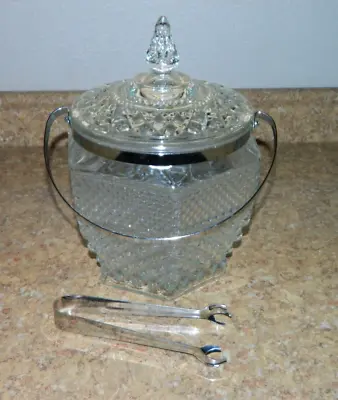 Vintage Anchor Hocking Wexford Ice Bucket  Lid Tongs Cut Glass Chrome Detail • $39.99