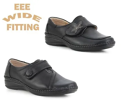 Womens Extra Wide Fit Loafers EEE Fitting Touch Fasten Formal Office Pumps Shoes • £26.99