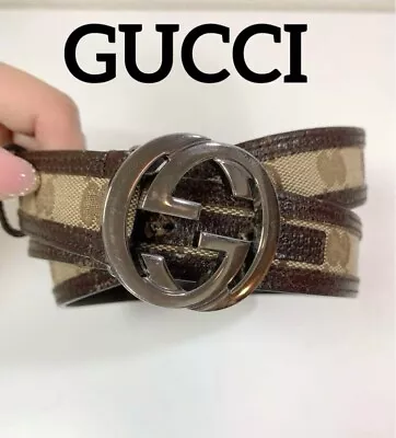 GUCCI Belt Men Size GG Interlocking Canvas Brown X Beige 90/36 04777c • $190