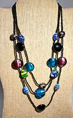 Vintage VENETIAN Millefiori Necklace Boho Art Glass Dichroic Seed Beads Colorful • $22.99