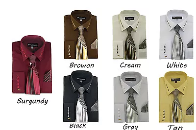 Men's Milano French Cuff Dress Shirt With Matching Tie And Handkerchief Set  35 • $19.99