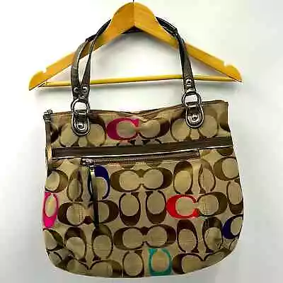 Coach Poppy Embroidered Signature C Glam Tote Bag Khaki Multi Color • $35.99