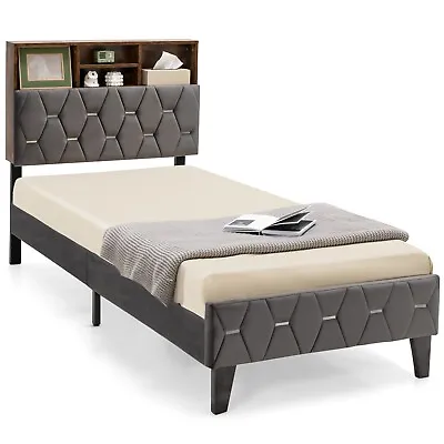 Single Size Bed Frame Upholstered Platform Bed Slat Support W/ Storage Headboard • £119.95