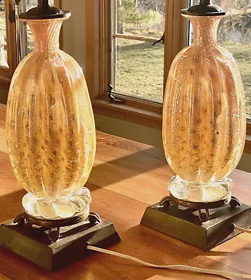 Pair Vintage Murano Venetian Barovier & Toso Twist Glass Lamps 1950s Italy • $1650